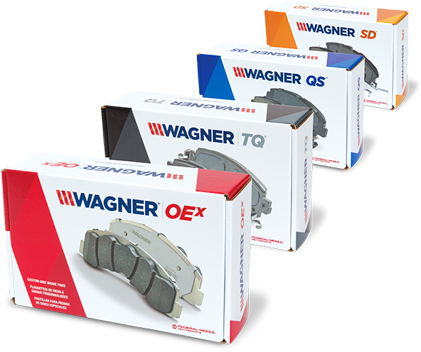 vista frontal de la familia de productos de la línea de pastillas de freno Wagner